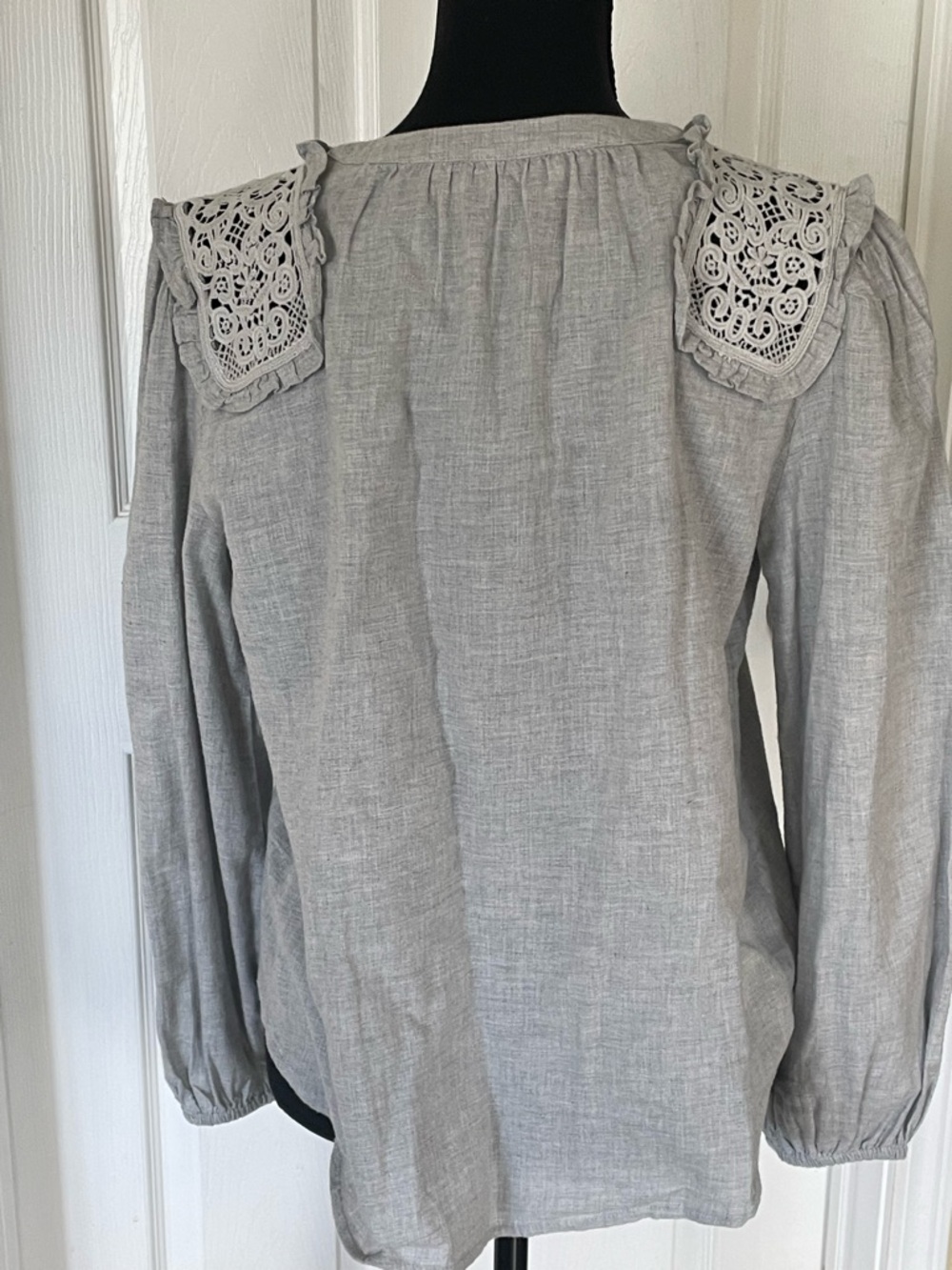 LOFT Light Grayish green Button Placket Top with Crochet Shoulder Panels - Picture 2 of 6